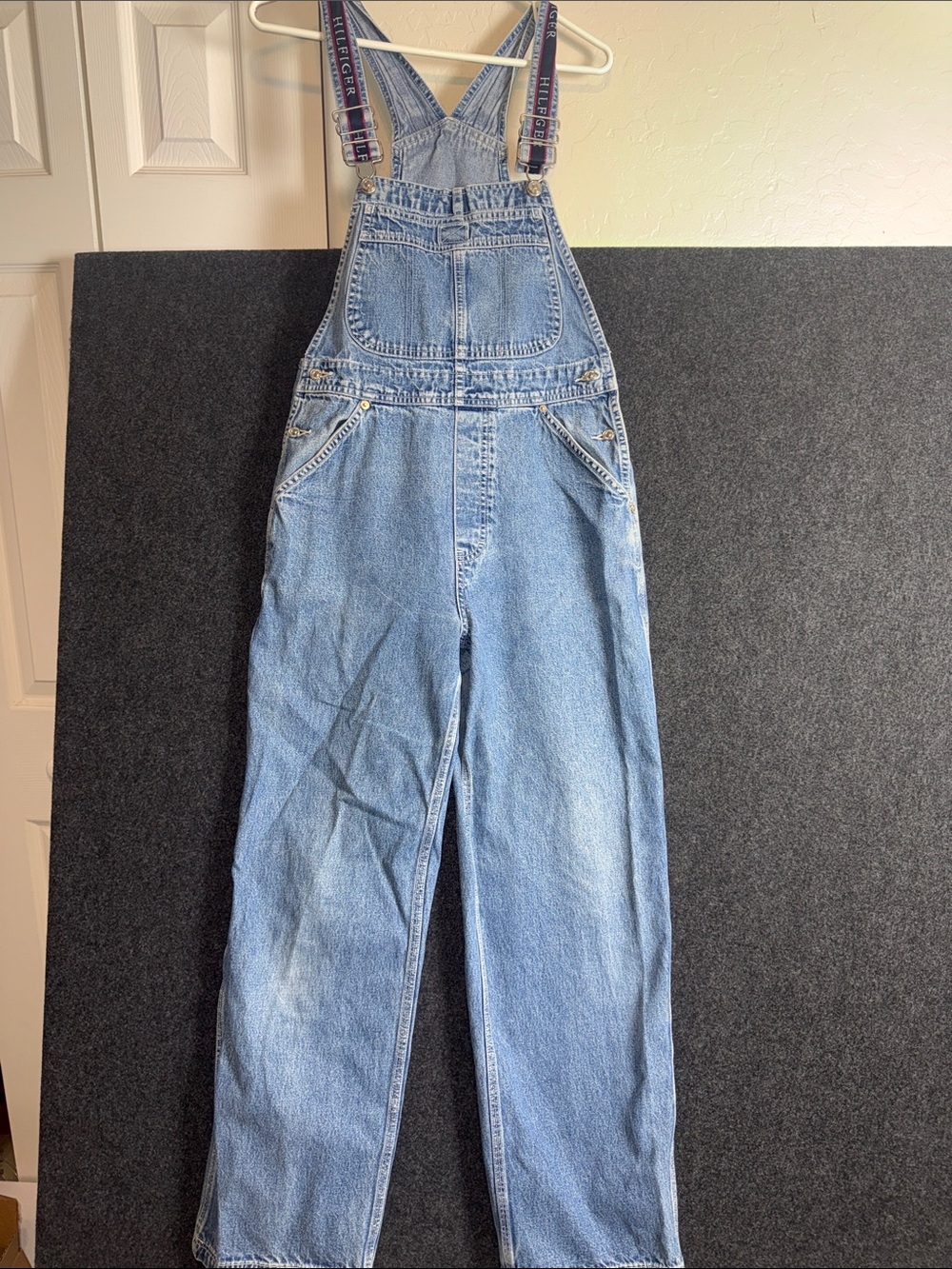 Tommy Hilfiger Vintage 90s Denim Overalls Medium Wash Logo Straps Womens M.